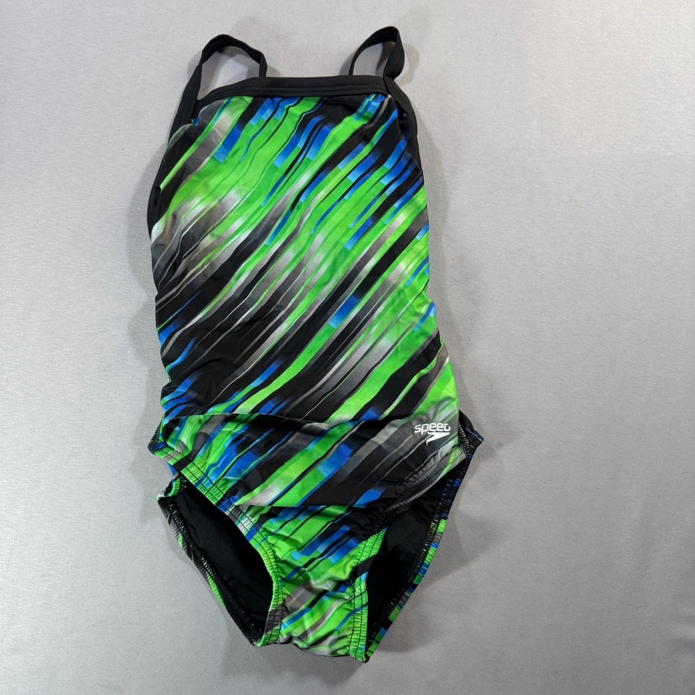 Speedo PowerFLEX Eco Womens One Piece Swimsuit 24 Green Blue Graphic Flyback XS